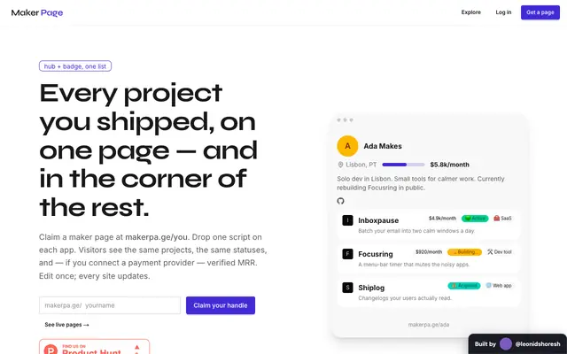 Screenshot of makerpa.ge — one page, every thing you shipped