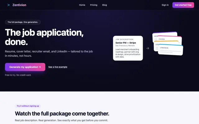 Screenshot of Zentivion — The job application, done.