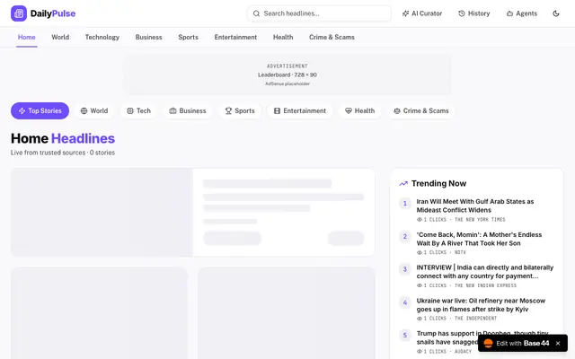 Screenshot of DailyPulse News — Live Headlines from Around the World