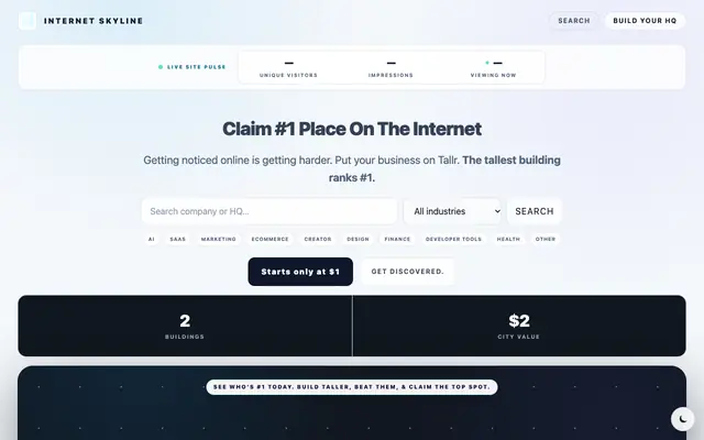 Screenshot of tallr.fun — Own Your Place in the Internet's Business Skyline