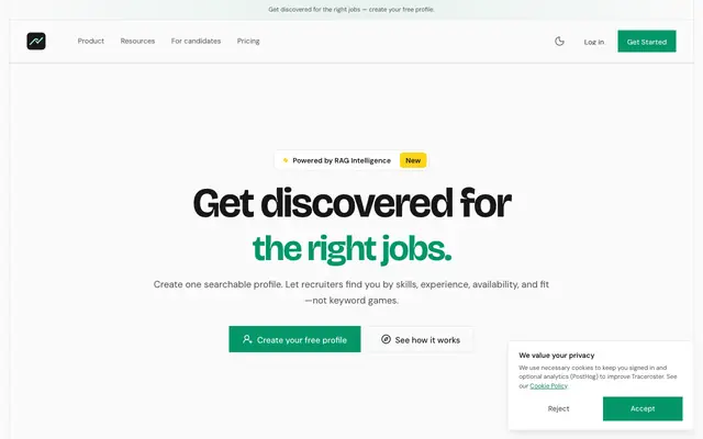 Screenshot of Traceroster | AI Job Search & Reverse Job Board
