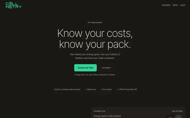 Screenshot of Cellmetry · Tesla battery health & energy analytics