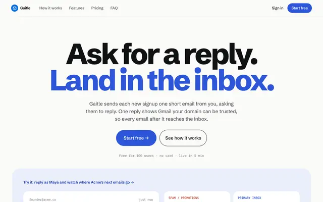 Screenshot of Gaitle — Reply-driven deliverability for SaaS