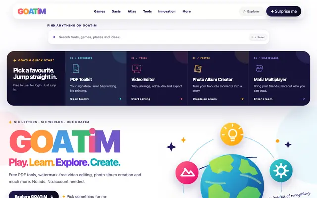 Screenshot of GOATiM — Games, Oasis, Atlas, Tools, Innovation & More