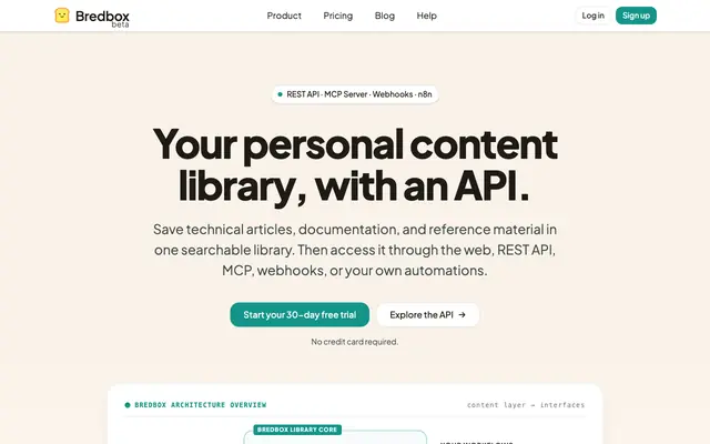 Screenshot of Bredbox for Developers | Your personal content library, with an API