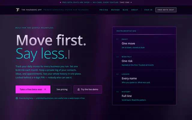 Screenshot of The Founders App — private operating system for founders