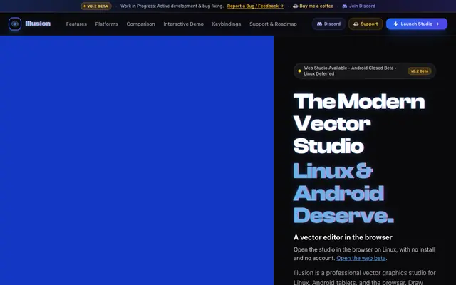 Screenshot of Illusion v0.1 Beta — Modern Vector & Prepress Studio for Linux, Android & Web
