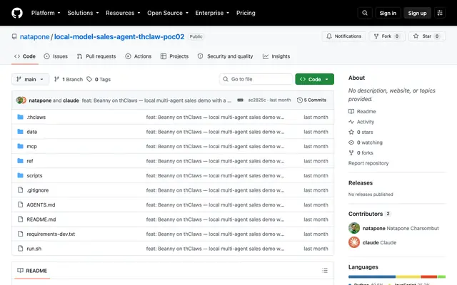 Screenshot of GitHub - natapone/local-model-sales-agent-thclaw-poc02