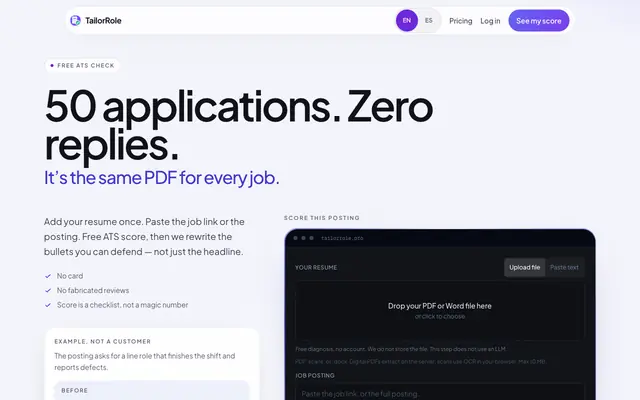 Screenshot of TailorRole — AI Resume & Cover Letter Optimizer