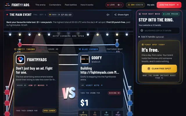 Screenshot of FightMyAds — Buy Ad Space in a Live Daily Ad Battle