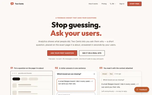 Screenshot of Two Cents — feedback your users actually leave