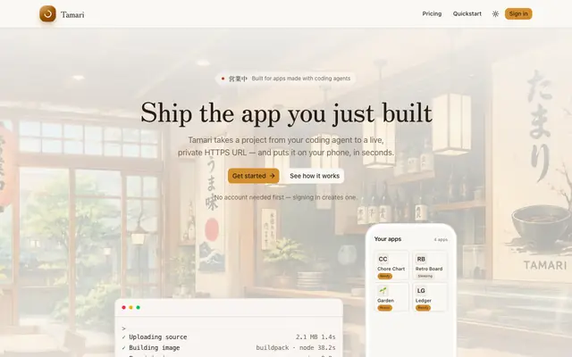 Screenshot of Tamari — deploy tiny apps to your phone