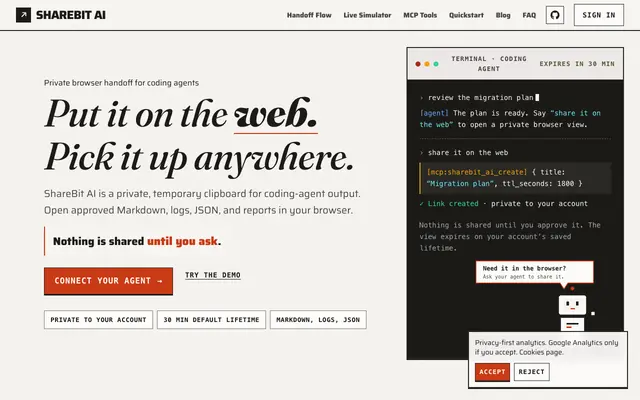 Screenshot of Private temporary links for coding-agent output | ShareBit