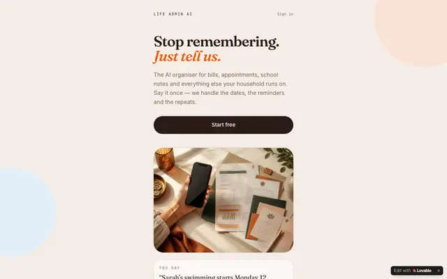 Screenshot of Life Admin AI — Stop remembering. Just tell us.