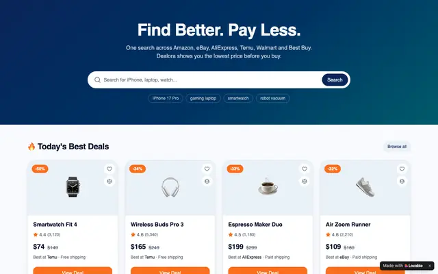 Screenshot of Dealora — Find Better. Pay Less.