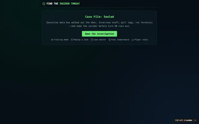 Screenshot of Find the Insider Threat — Cybersecurity Mystery RPG