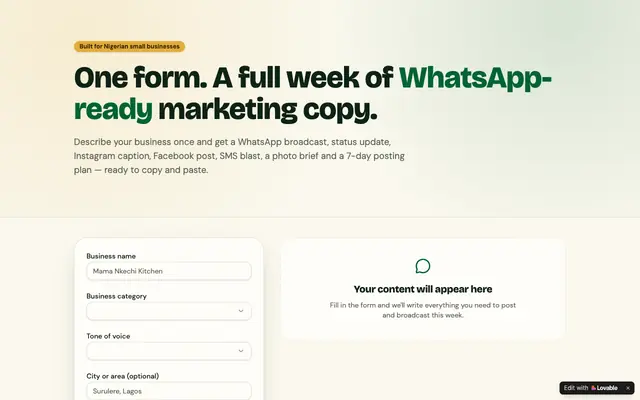 Screenshot of NaijaCopy — WhatsApp-first marketing copy for Nigerian SMBs