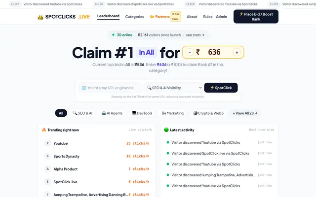 Screenshot of SpotClicks.live — Pay-To-Rank Leaderboard & Traffic Billboard