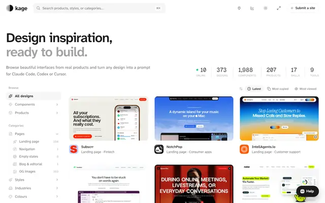 Screenshot of Design inspiration, ready to build · Kage