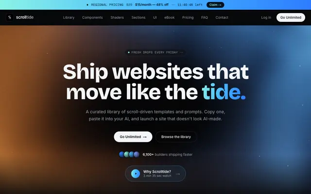Screenshot of Scrolltide — Cinematic website prompts & templates