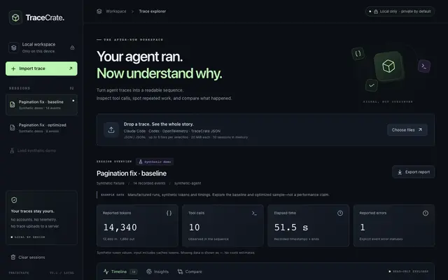 Screenshot of TraceCrate — understand your AI agent runs