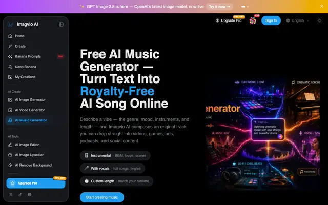 Screenshot of Free AI Music Generator: Text to Music, MP3 & Vocals | Imagvio AI