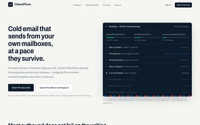 Screenshot of ClientFlow — outbound email that lands