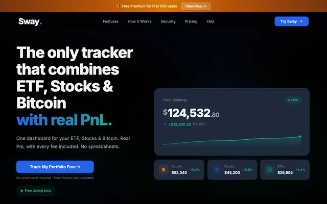 Screenshot of Sway — Professional Portfolio Tracker for Bitcoin & Stocks