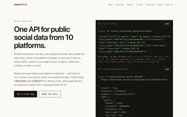 Screenshot of HonestHook — the social data API that returns exact counts