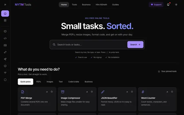 Screenshot of Free Online Tools for PDFs, Images, Text & Code | NYTM
