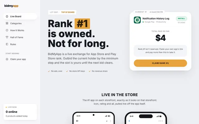 Screenshot of BidMyApp: Rank goes to the highest payer