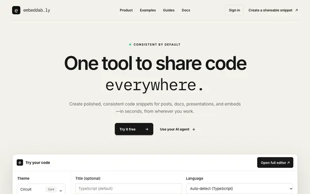 Screenshot of embeddab.ly — One tool to share code everywhere