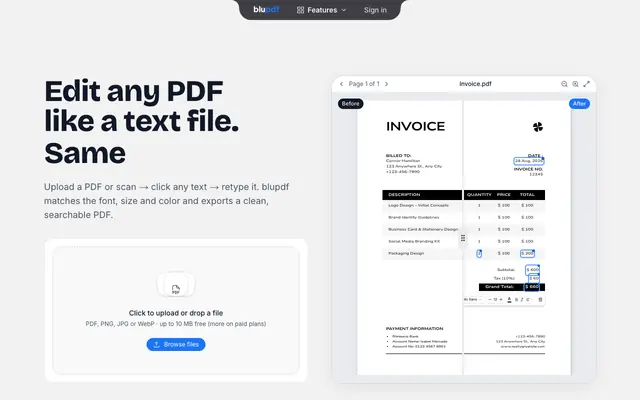 Screenshot of Best AI PDF Editor – Edit Any PDF in Its Original Font | blupdf