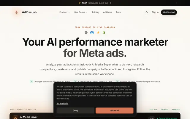 Screenshot of AI Media Buyer for Meta Ads | AdRiseLab