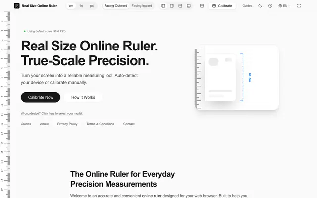 Screenshot of Online Ruler - Actual Size, Real & Accurate (cm, mm, inches)