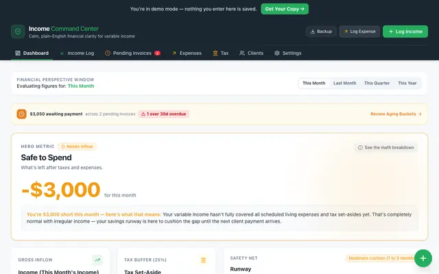 Screenshot of Income Command Center — Live Demo