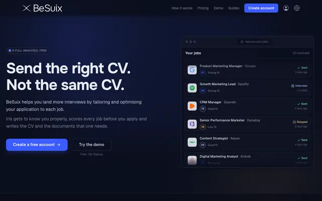 Screenshot of BeSuix, Send the right CV. Not the same CV.