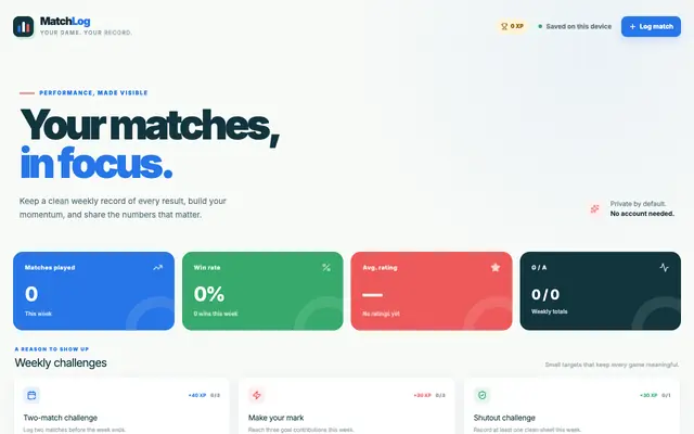 Screenshot of MatchLog — Weekly match tracker
