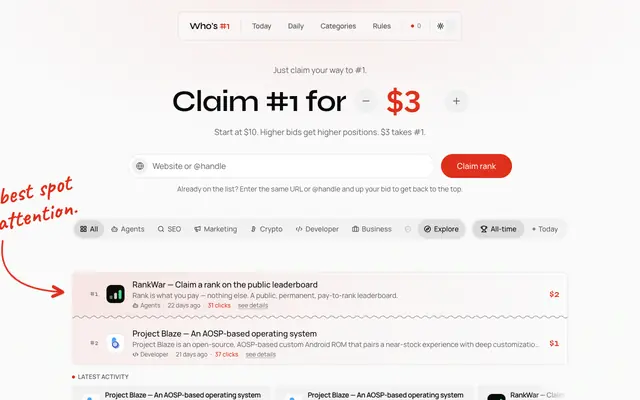 Screenshot of RankWar — Claim a rank on the public leaderboard