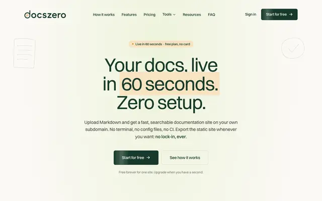 Screenshot of Docszero: live docs in 60 seconds, zero setup.