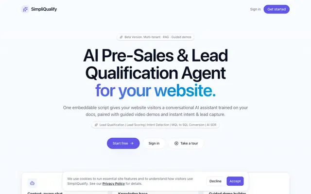Screenshot of SimpliQualify, Conversational AI Pre-Sales Assistant