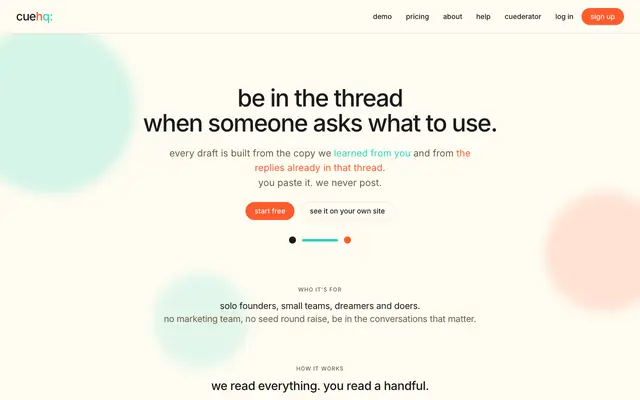 Screenshot of cuehq · be in the thread when someone asks what to use
