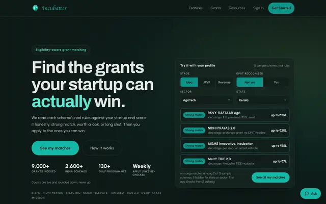 Screenshot of Incubateer: AI-matched startup grant discovery platform