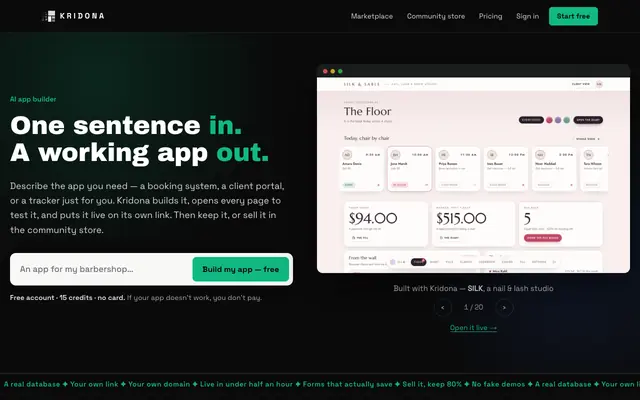 Screenshot of KRIDONA — AI App Builder. One Sentence In, a Shipping App Out.