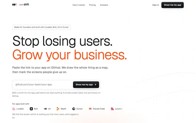 Screenshot of userdrift. Stop losing users. Grow your business.