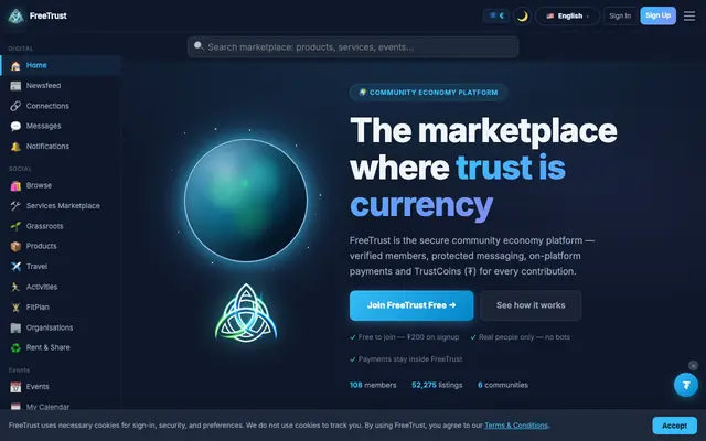Screenshot of FreeTrust — The Community Economy Marketplace | Earn & Spend TrustCoins