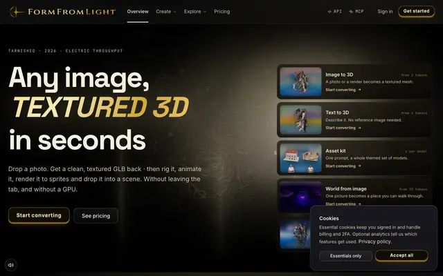 Screenshot of AI 3D model generator · image and text to 3D · FormFromLight