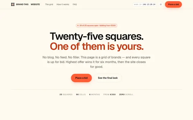 Screenshot of BrandThisWebsite — 25 squares. One is yours.