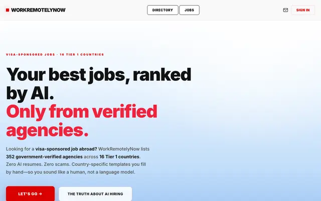 Screenshot of WorkRemotelyNow — Verified Visa Sponsorship Agencies