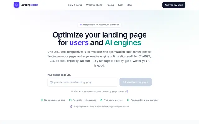 Screenshot of Optimize Your Landing Page for Users and AI Engines | LandingScore: Convert User